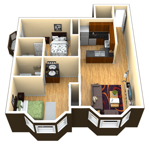 Floor plan for 2 beds, 2 baths, 710 sqft